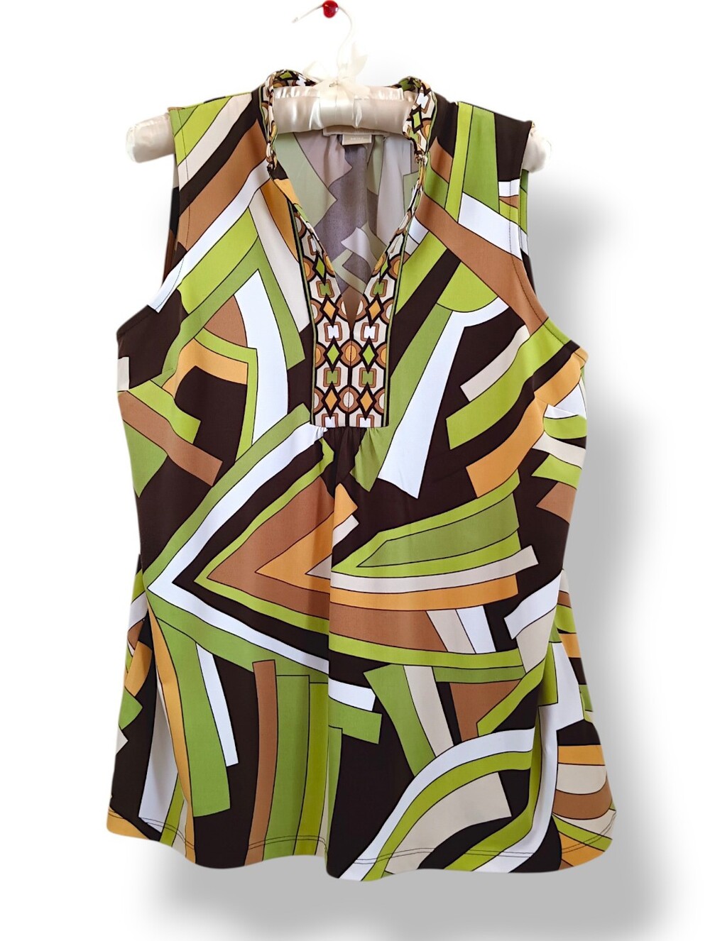 Michael Kors Sleeveless Geo Tunic Top Green Brown Fun Colorful Boho Maximalism